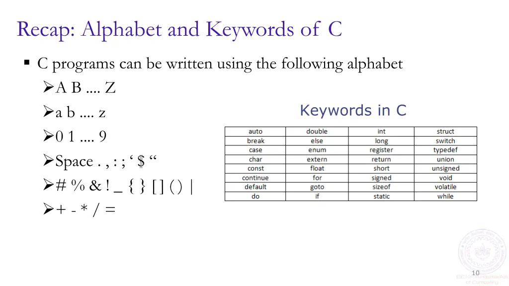 recap alphabet and keywords of c