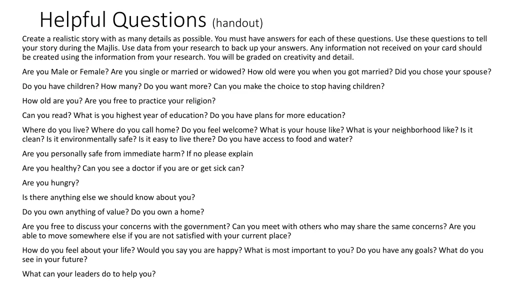 helpful questions handout create a realistic