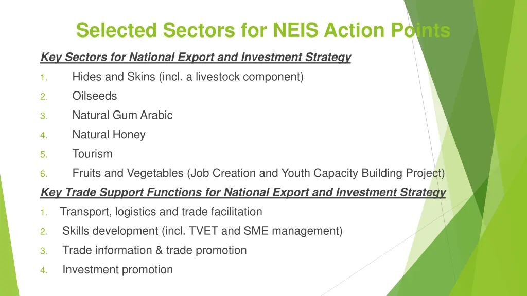 selected sectors for neis action points