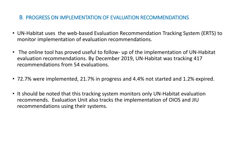 b b progress on implementation of evaluation