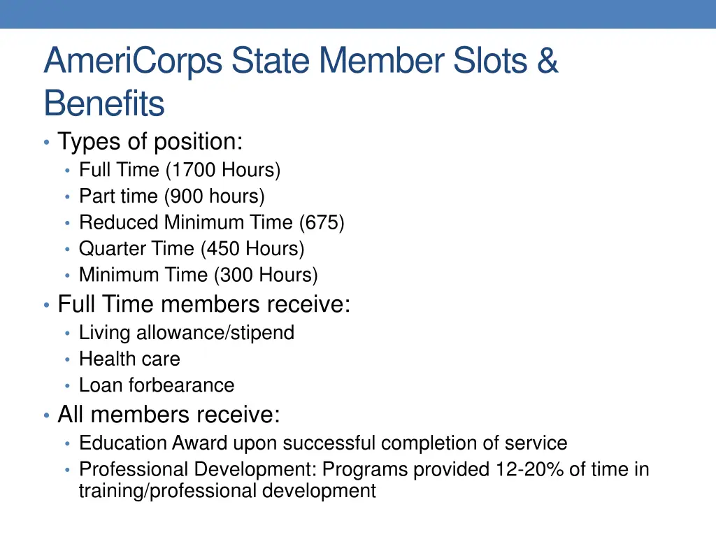 americorps state member slots benefits types