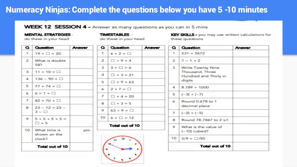 numeracy ninjas complete the questions below