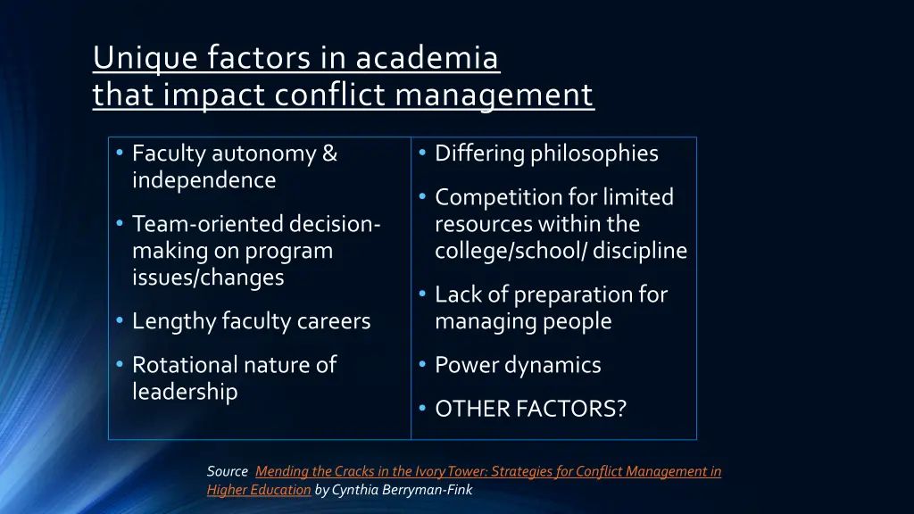 unique factors in academia that impact conflict