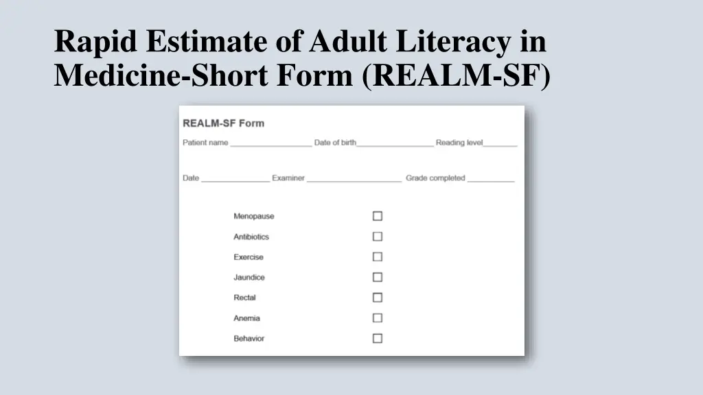 rapid estimate of adult literacy in medicine