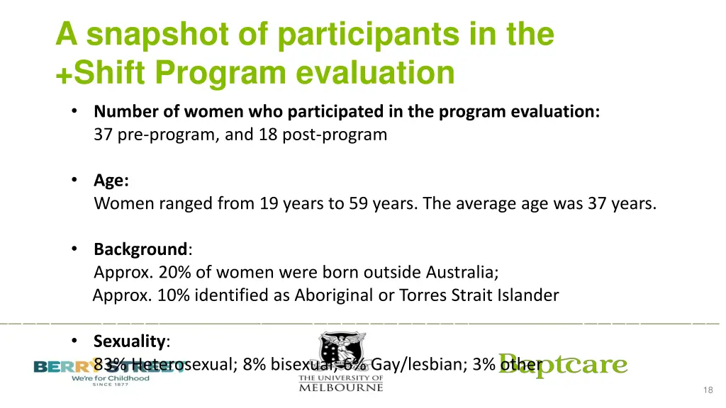 a snapshot of participants in the shift program