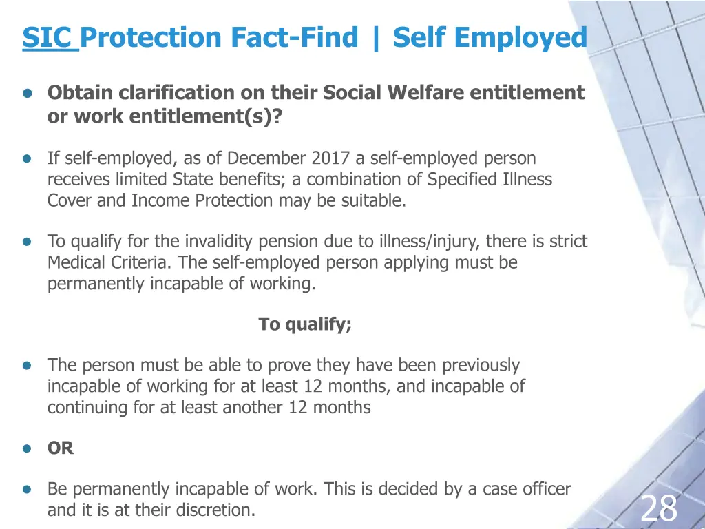 sic protection fact find self employed