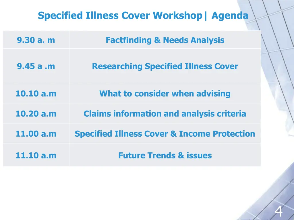 specified illness cover workshop agenda