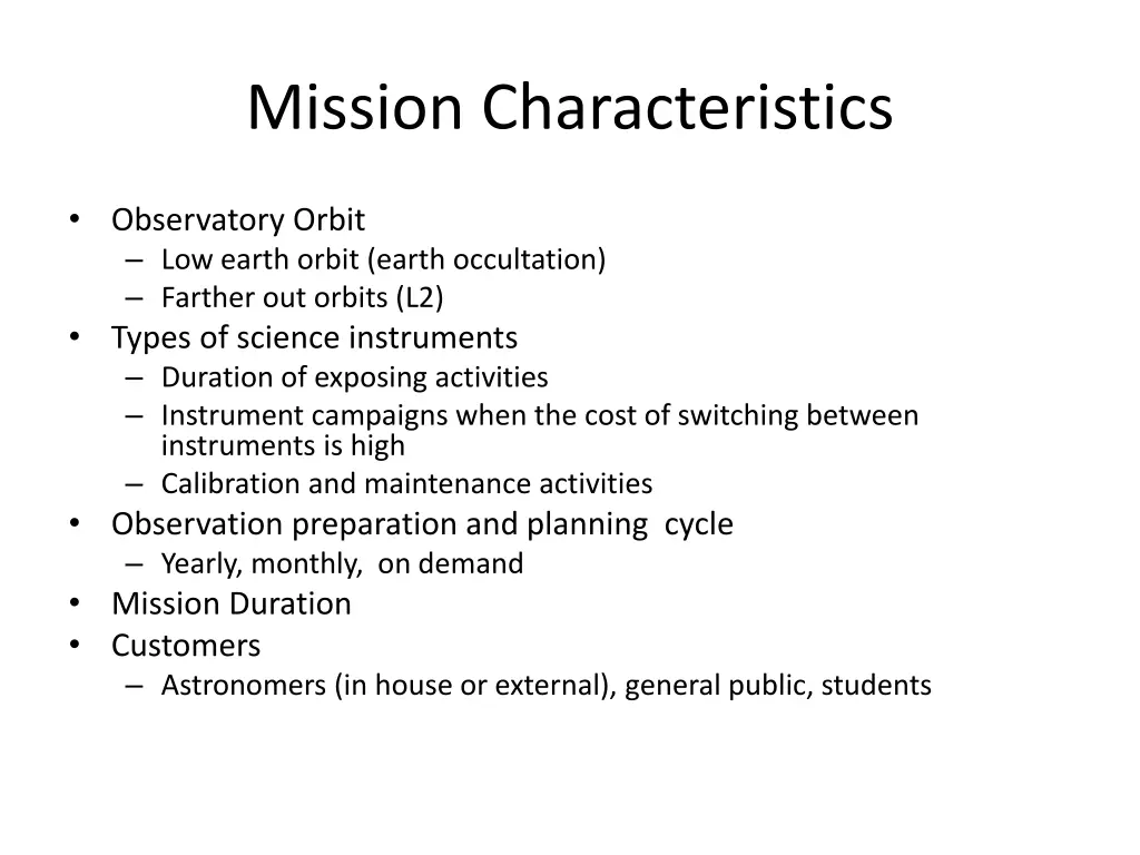 mission characteristics