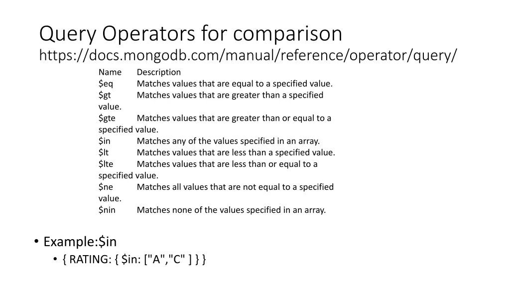 query operators for comparison https docs mongodb