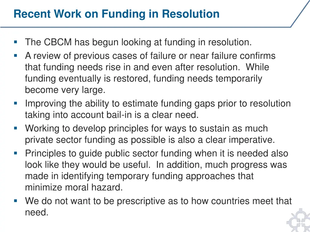 recent work on funding in resolution