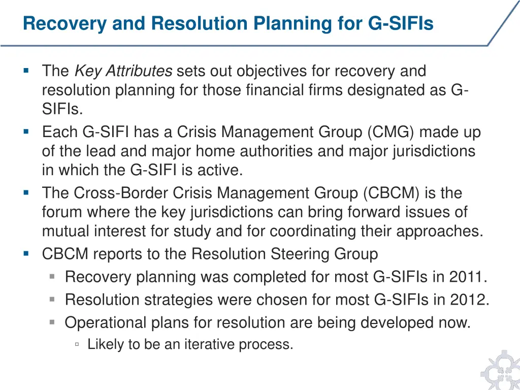 recovery and resolution planning for g sifis