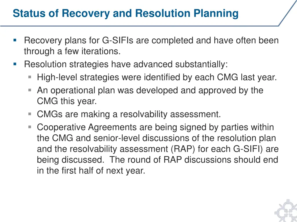 status of recovery and resolution planning