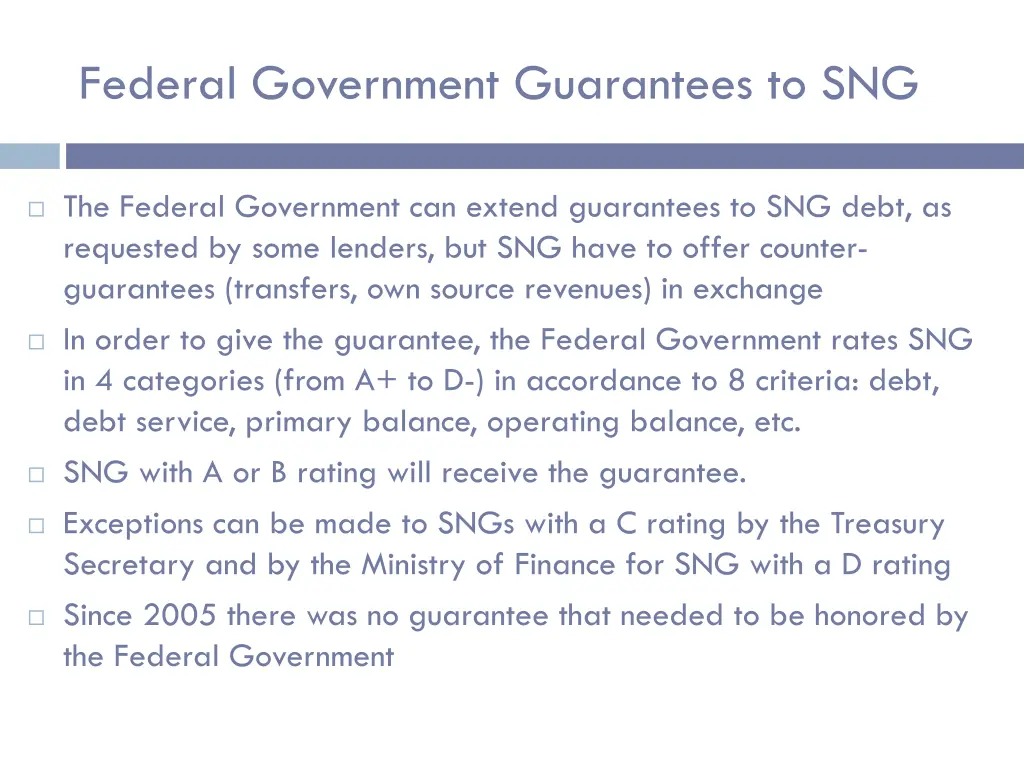 federal government guarantees to sng