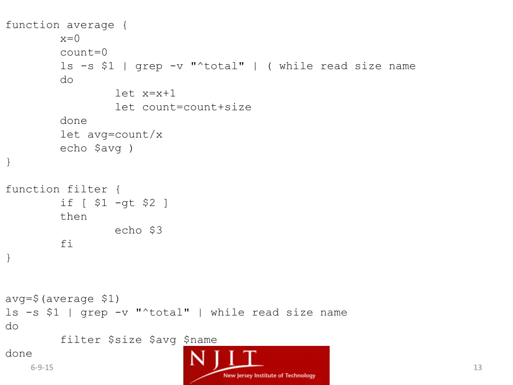 function average x 0 count 0 ls s 1 grep v total