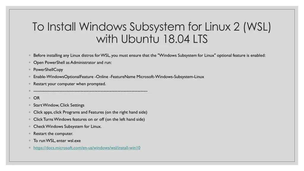 to install windows subsystem for linux 2 wsl with