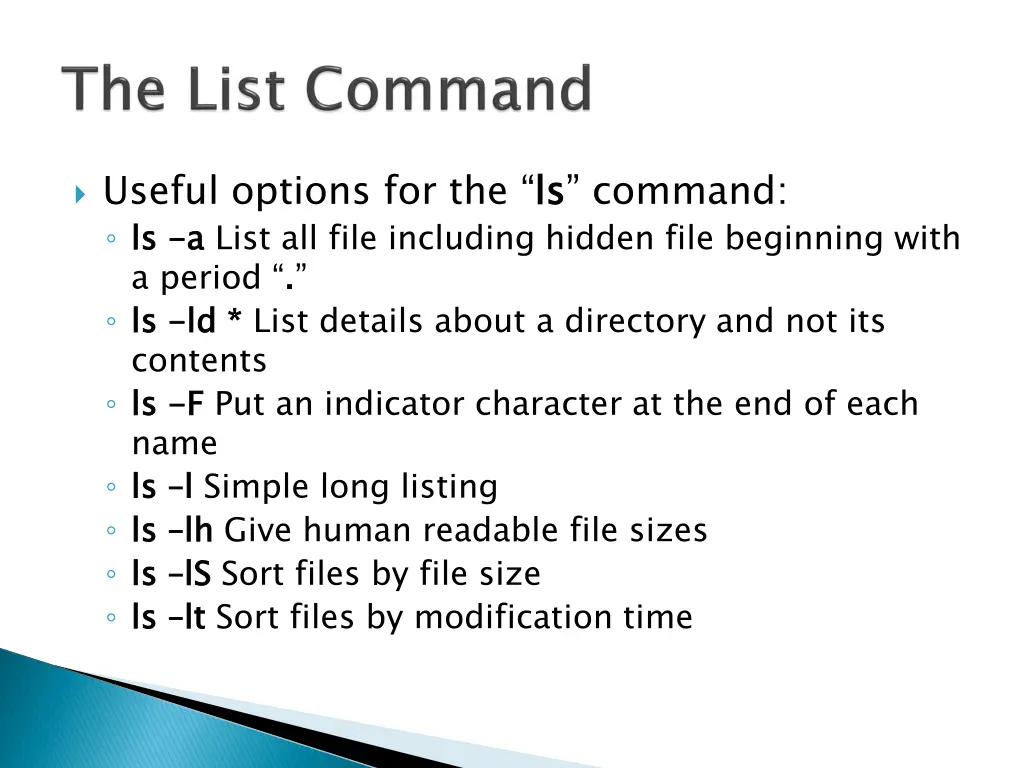 useful options for the ls ls command