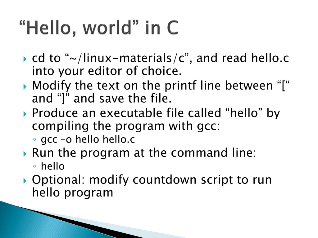 c d to linux materials c and read hello c into