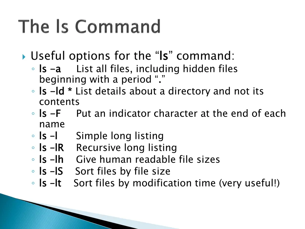 useful options for the ls ls command