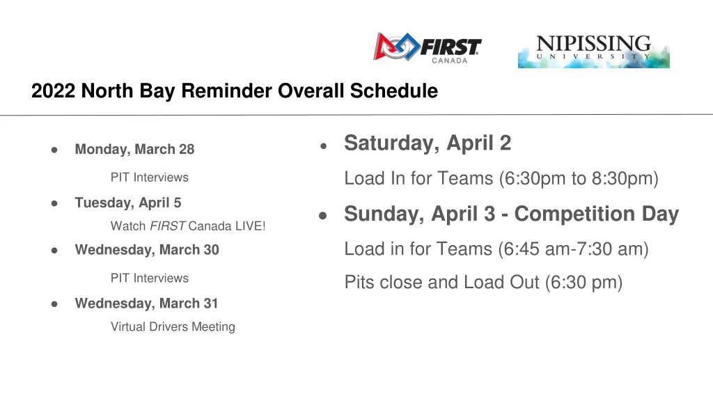 2022 north bay reminder overall schedule