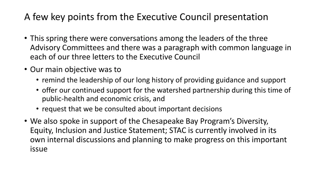 a few key points from the executive council