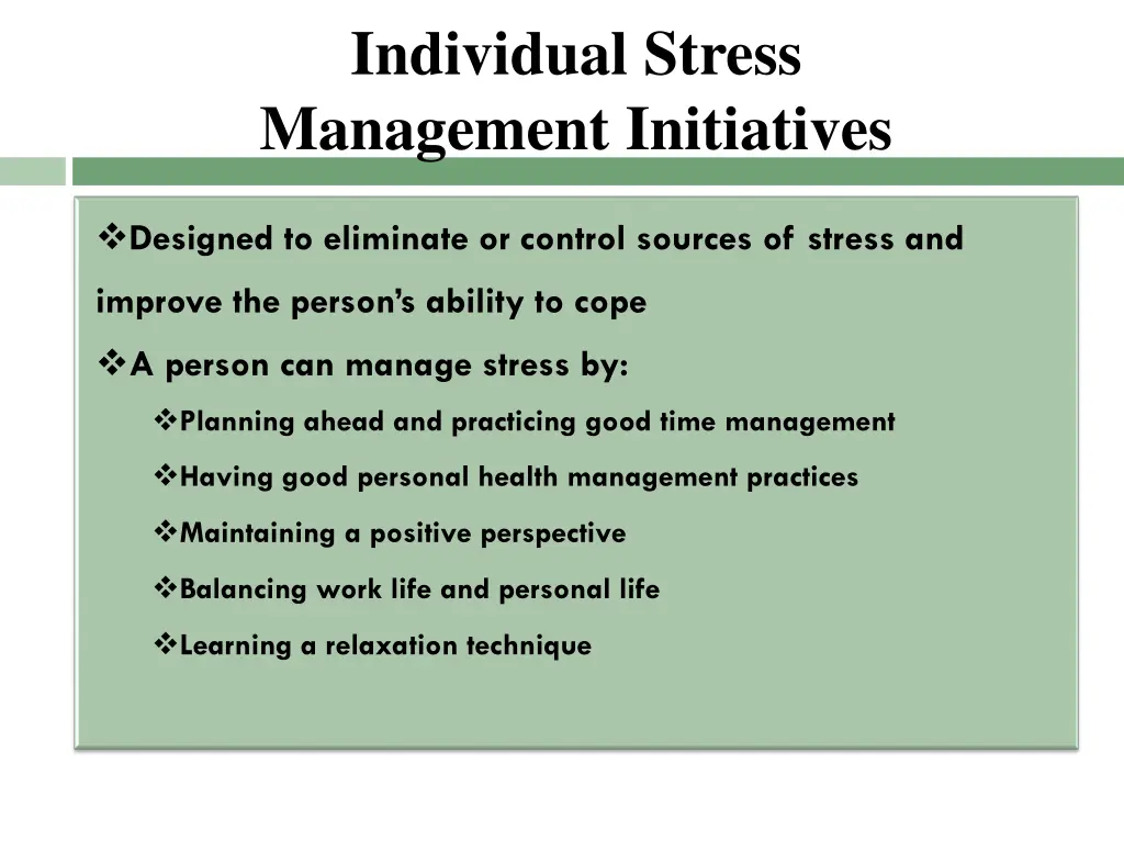 individual stress management initiatives