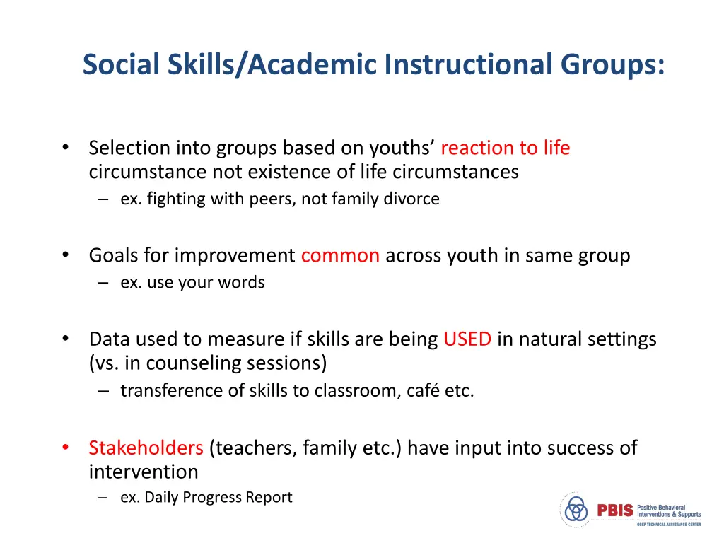 social skills academic instructional groups