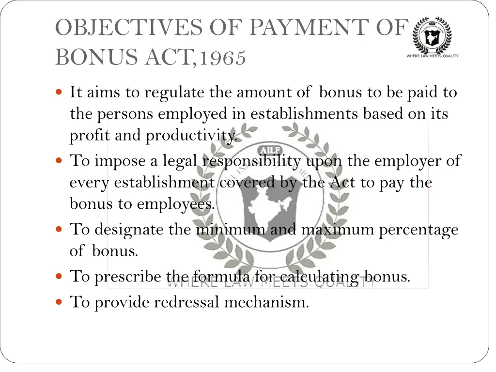 objectives of payment of bonus act 1965