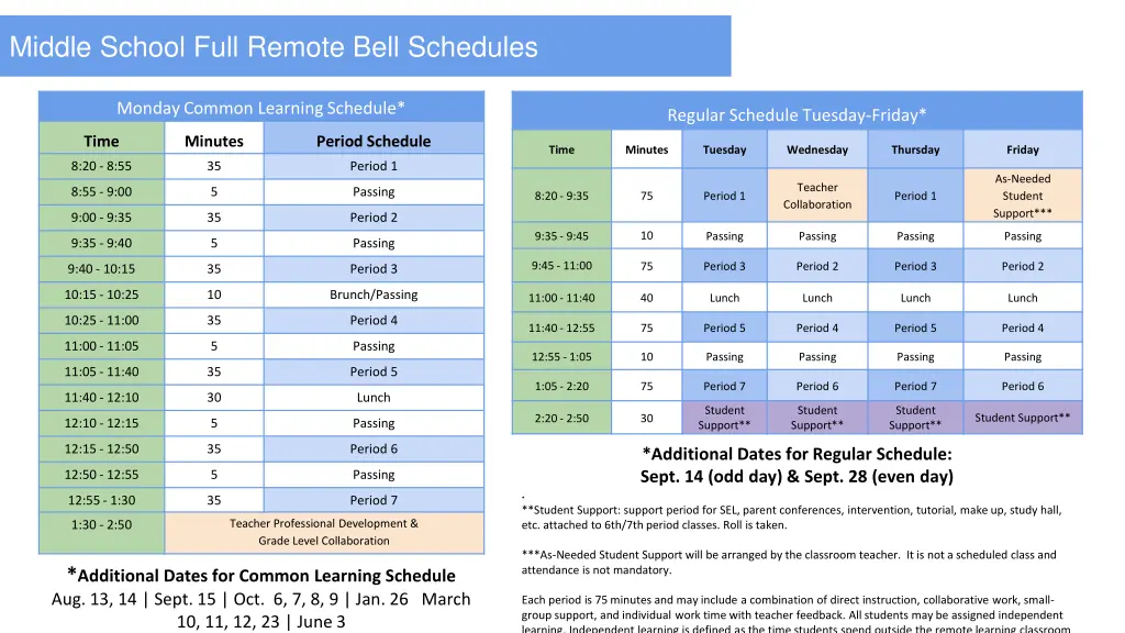 middle school full remote bell schedules