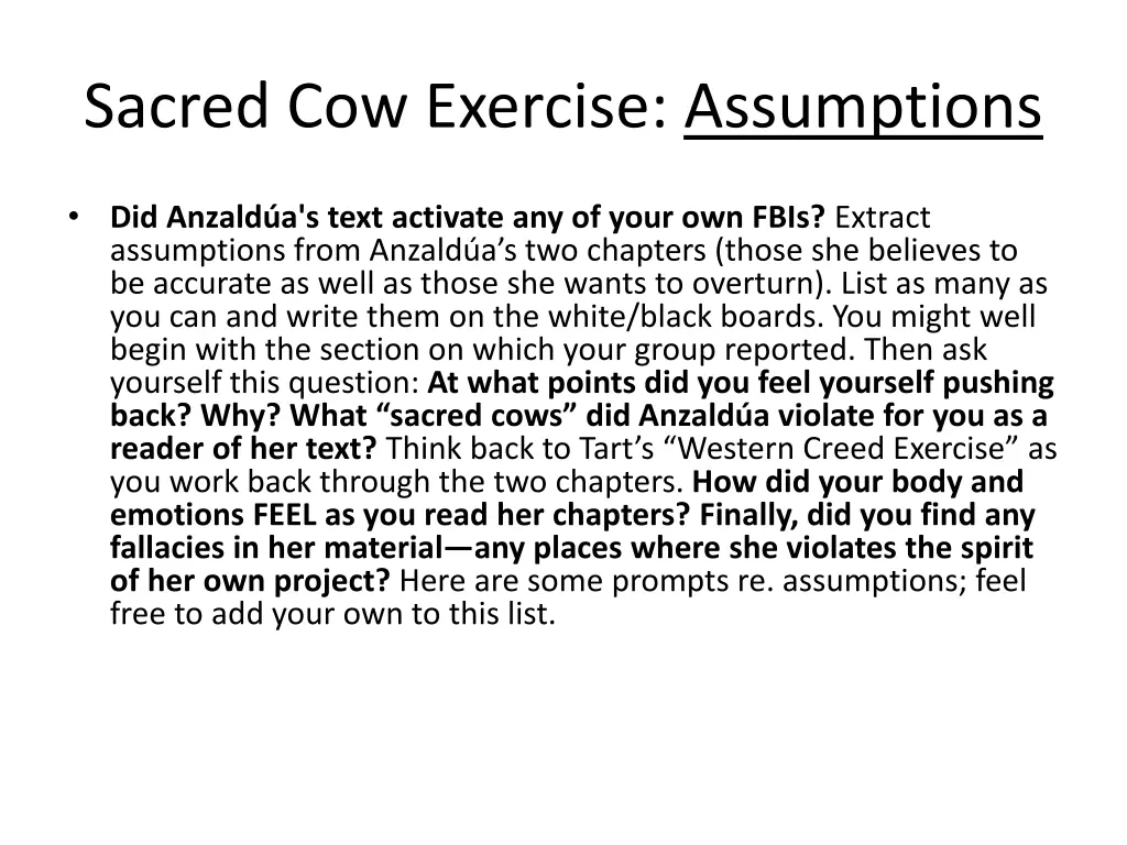 sacred cow exercise assumptions