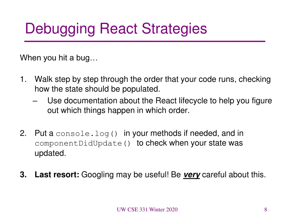debugging react strategies