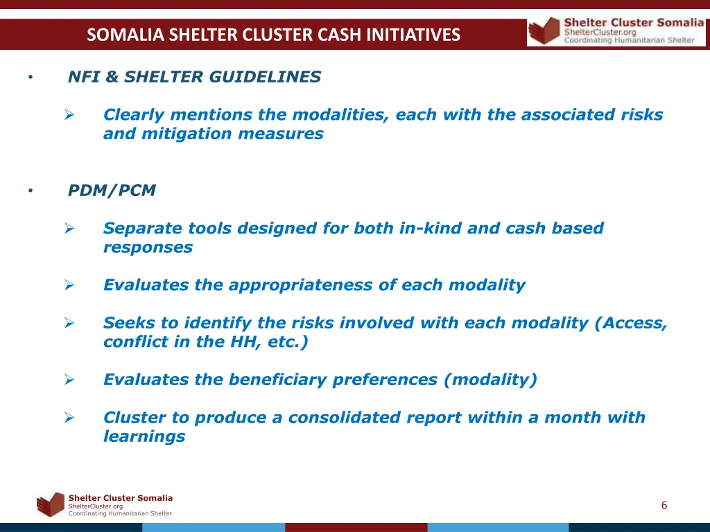 somalia shelter cluster cash initiatives