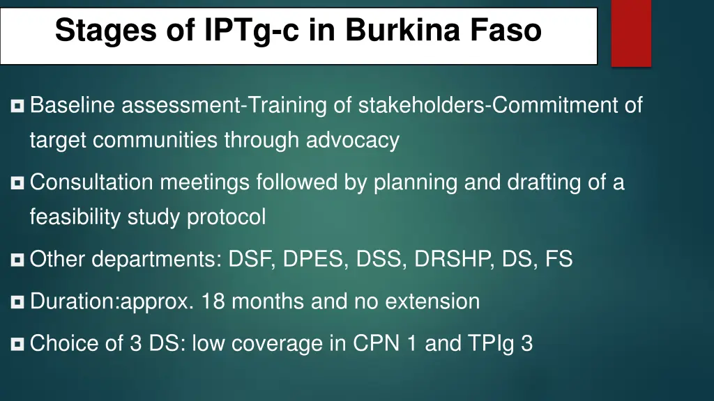 stages of iptg c in burkina faso