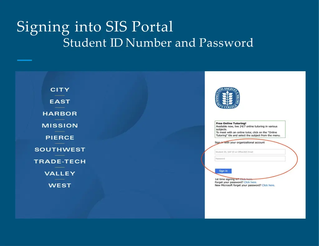 signing into sis portal student id number