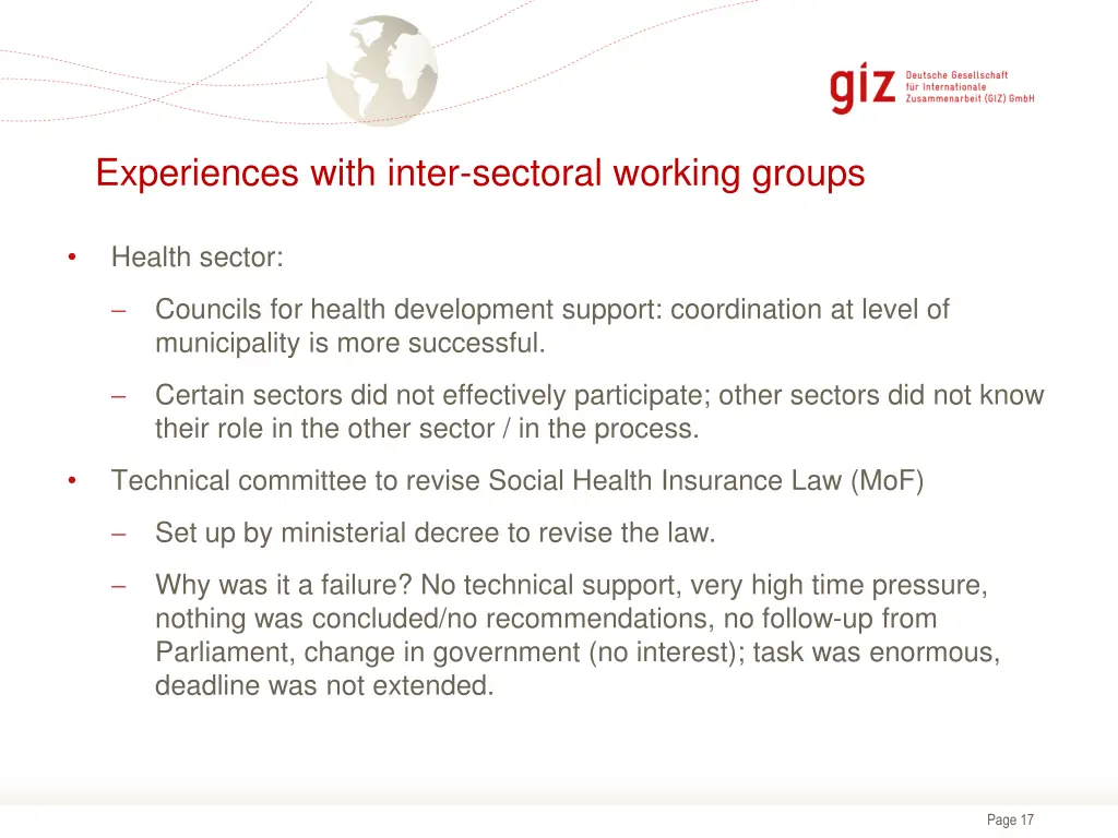 experiences with inter sectoral working groups