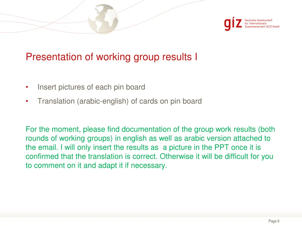 presentation of working group results i