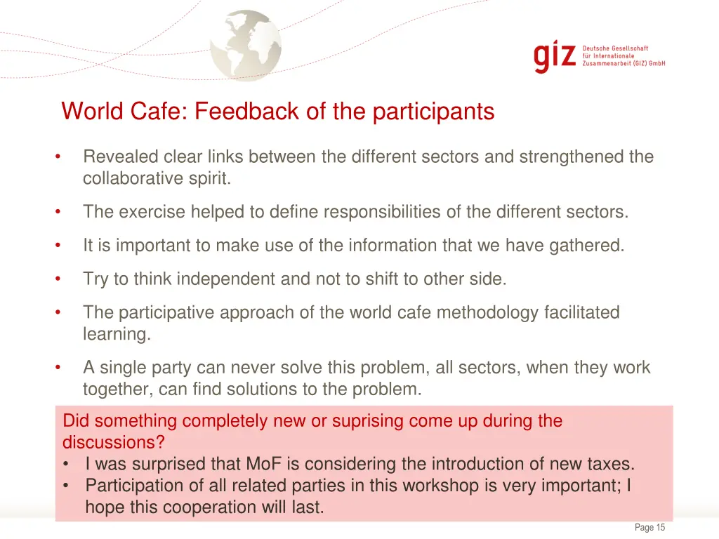 world cafe feedback of the participants