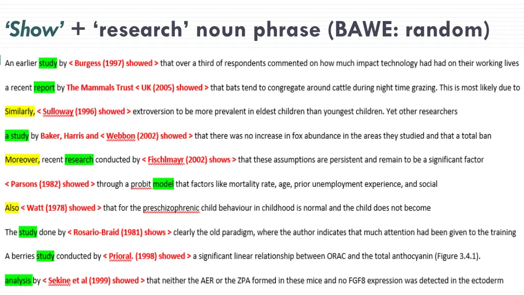 show research noun phrase bawe random