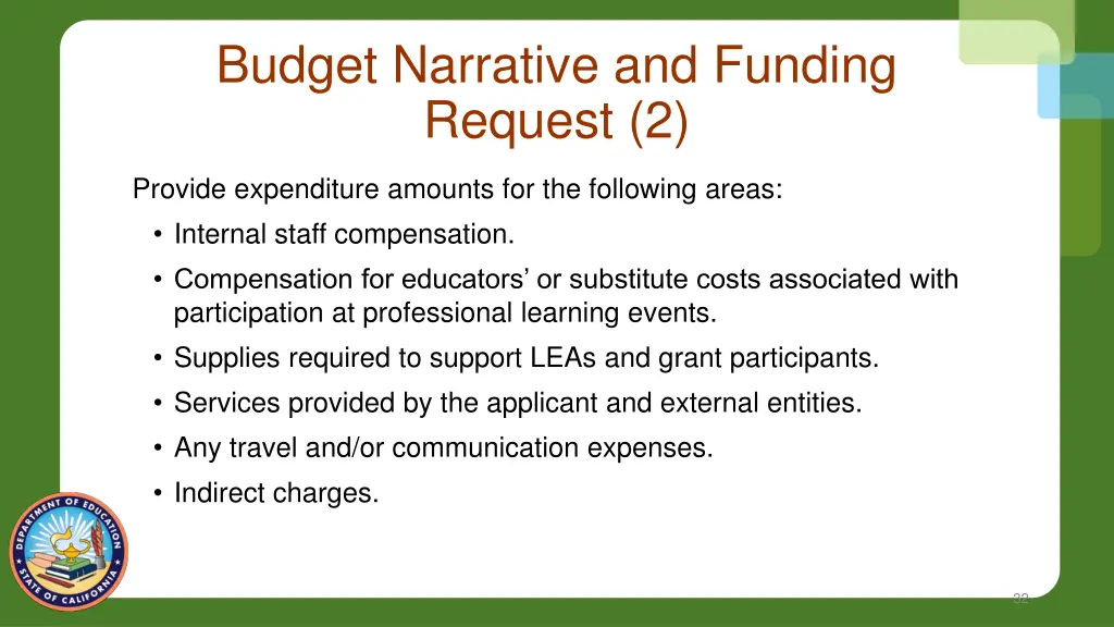 budget narrative and funding request 2