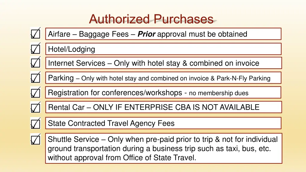 authorized purchases airfare baggage fees prior