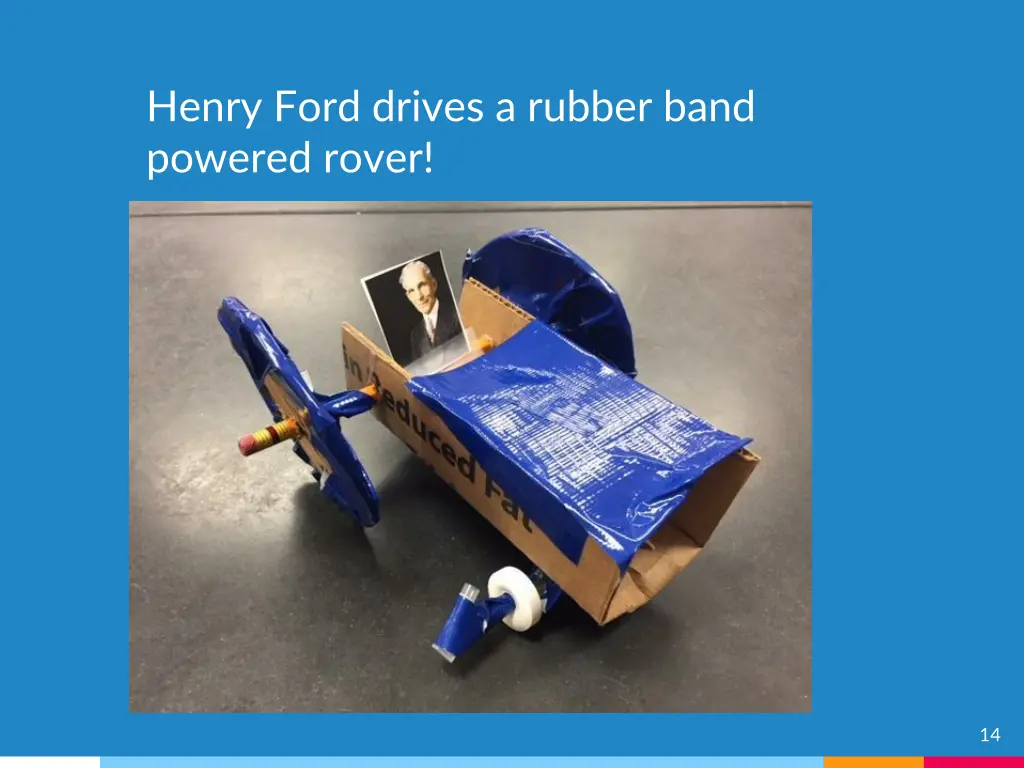 henry ford drives a rubber band powered rover