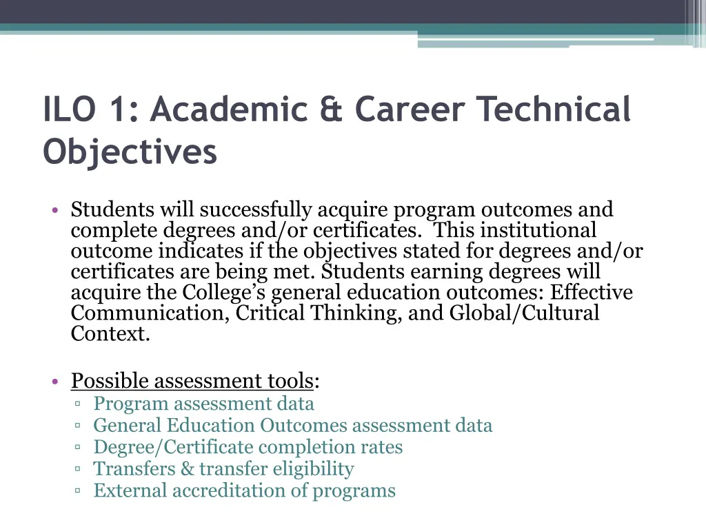 ilo 1 academic career technical objectives