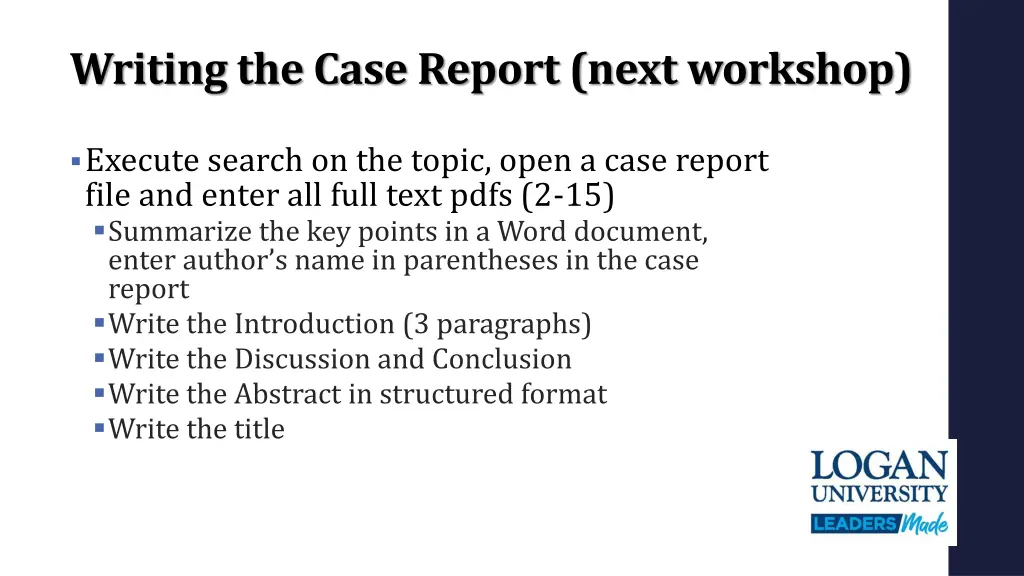 writing the case report next workshop 1