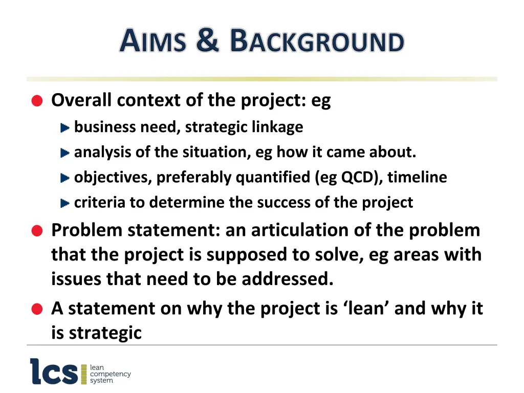 overall context of the project eg business need