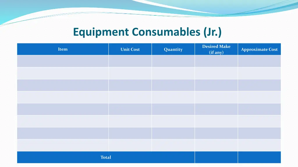 equipment consumables jr