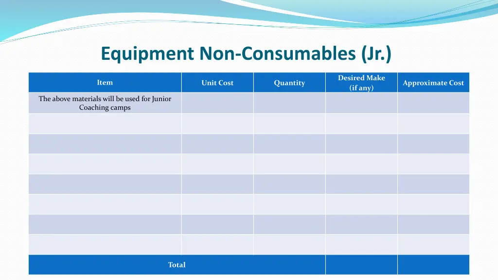 equipment non consumables jr