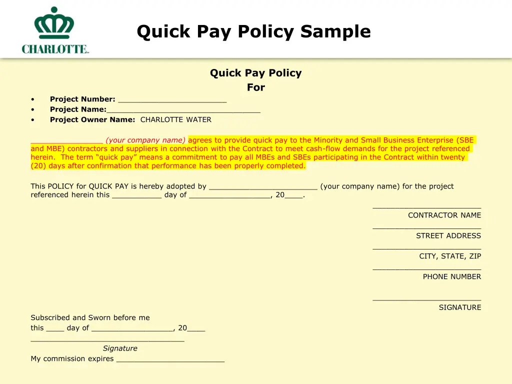 quick pay policy sample