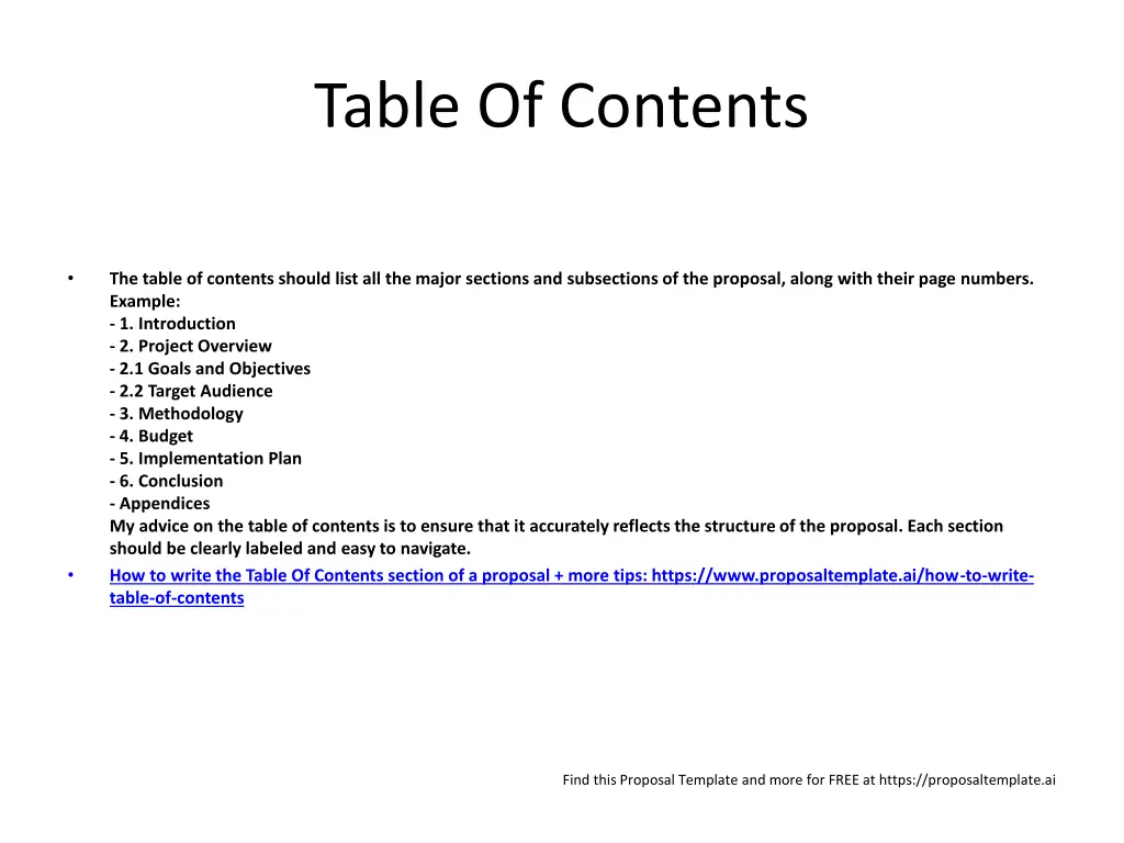 table of contents