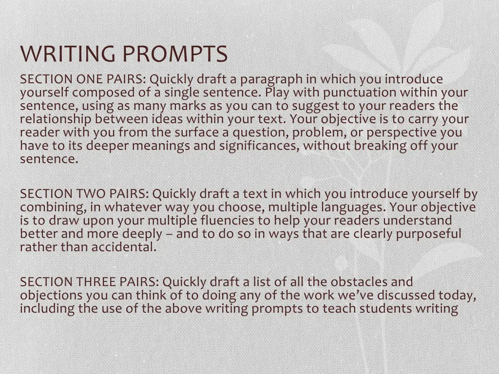 writing prompts section one pairs quickly draft