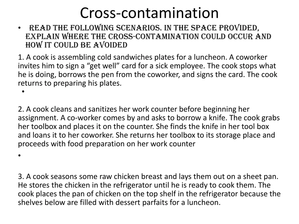 cross contamination read the following scenarios