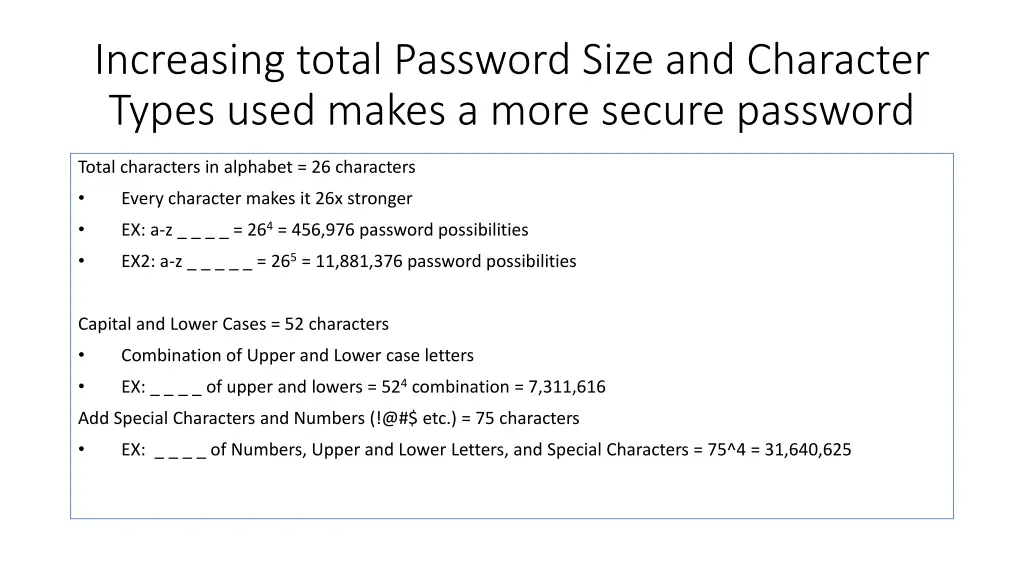 increasing total password size and character